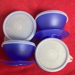 Tupperware Royal Blue Dessert Footed Bowls with Lids and Saucers Set of 4